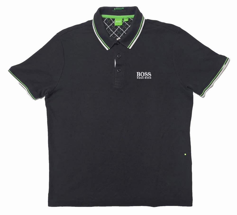 Hugo Boss Golf Polo Shirt Mens L Black Green Trim Moisture Manager Short Sleeve